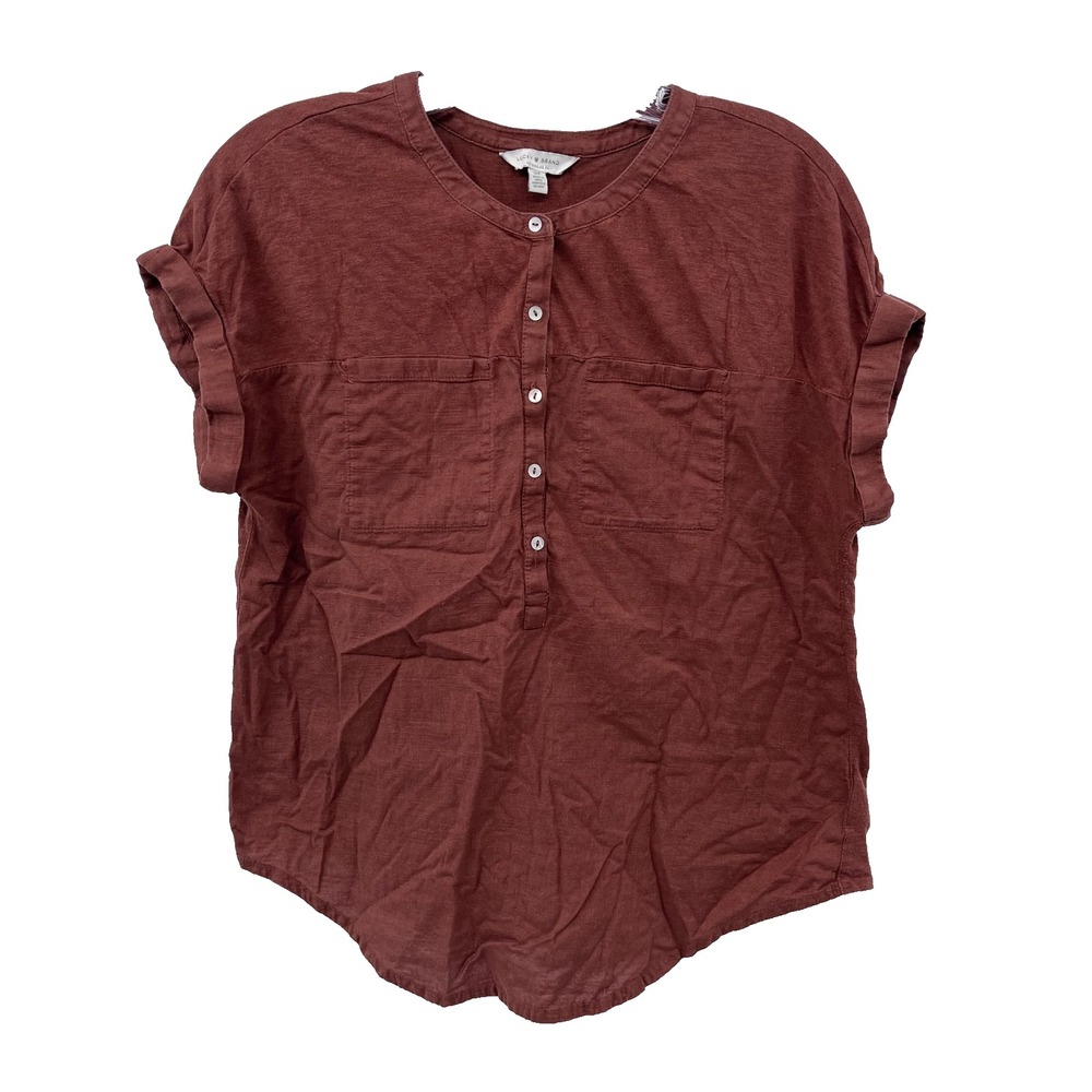 LUCKY BRAND Women's Sz S Rust Brown Cotton Modal Short-Sleeve Henley Top Pockets